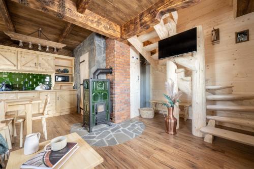 a kitchen and living room with a fireplace and a television at Leśna Chatka in Dzianisz
