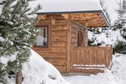 a log cabin in the snow with a gate at Leśna Chatka in Dzianisz
