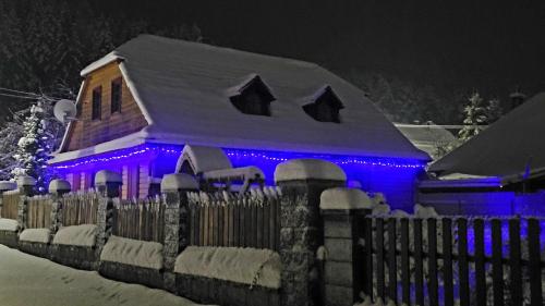 a house is covered in blue lights in the snow at Holidayhouse Chalupa Alžbetka in Važec