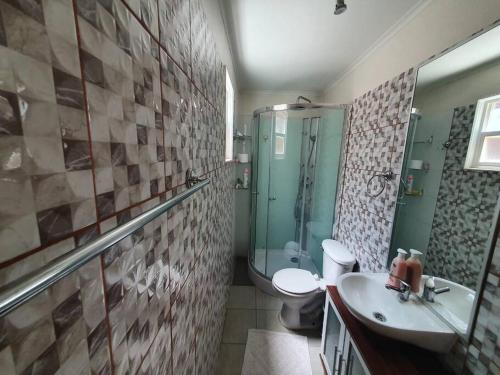 uma casa de banho com um WC, um lavatório e um chuveiro em Cómoda casa con estacionamiento privado em Villarrica