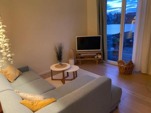 ein Wohnzimmer mit einem Sofa und einem TV in der Unterkunft Haus am See in Malchow