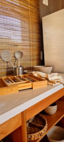 um balcão de cozinha com utensílios de madeira em Casas Urbanas Apart Hotel em Jesús María