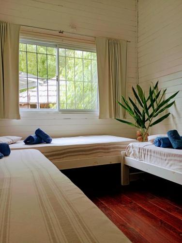 two beds in a room with a window at Quinta llamame antigua in Tigre