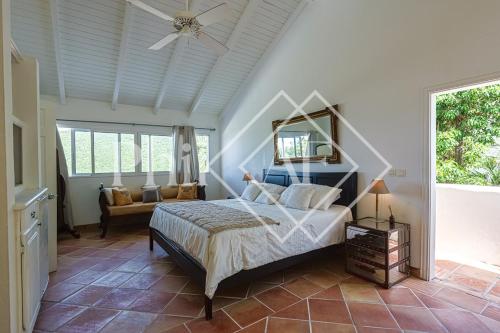 um quarto com uma cama e um espelho na parede em Exceptional 6 bed-rooms Villa at Anse Marcel em São Martinho