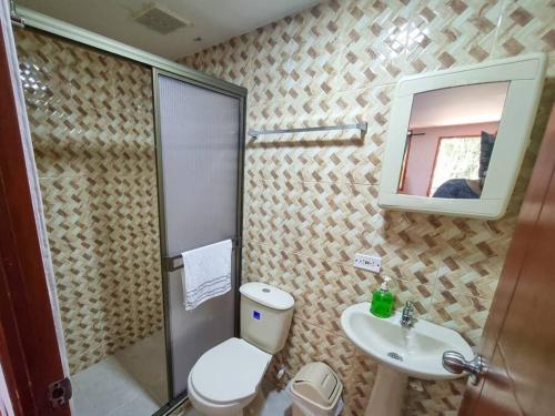 La salle de bains est pourvue de toilettes, d'un lavabo et d'un miroir. dans l'établissement Chalet Familiar con Piscina, à Armenia