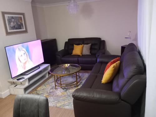 uma sala de estar com um sofá e uma televisão em The Diamond Hearts Apartments em Milton Keynes