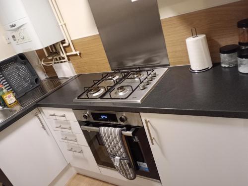 uma cozinha com um fogão e uma bancada em The Diamond Hearts Apartments em Milton Keynes