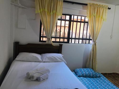 麥德林的住宿－Apartamento Buenos aires，一张带两条毛巾的床和窗户