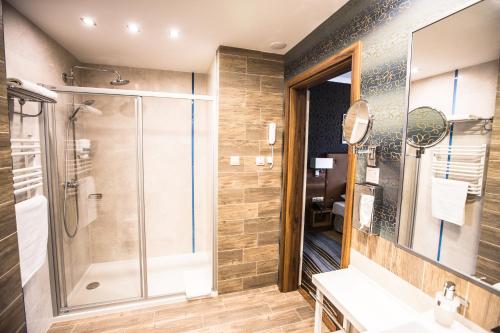 a bathroom with a shower and a sink at Mineral Hotel Malinowy Raj in Solec-Zdrój