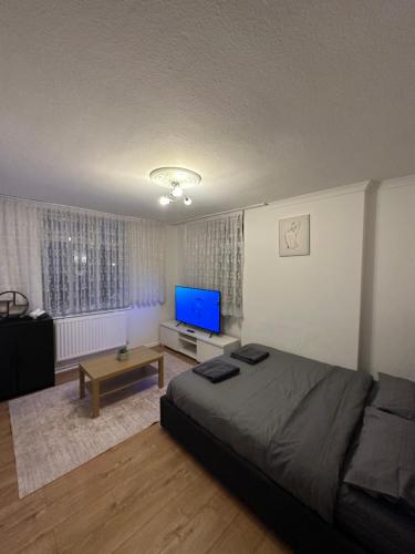 een slaapkamer met een bed en een flatscreen-tv bij Spacious Private Room in the heart of Dalston, Hackney in Londen