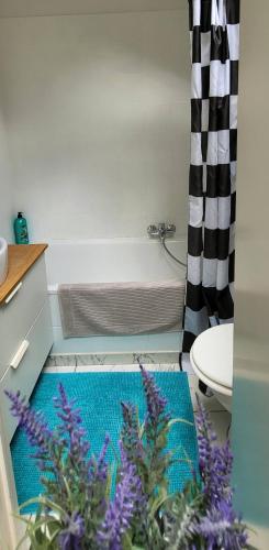 uma casa de banho com uma banheira e um tapete azul em Bright studio near Nato em Bruxelas