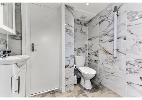 a bathroom with a toilet and a sink at Chic 1BD Apartment in Chelmsford in Chelmsford