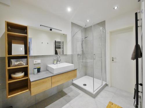 een badkamer met een wastafel en een douche bij Ferienwohnung Bergzauber 2 (inkl. MeineCardPlus) in Willingen
