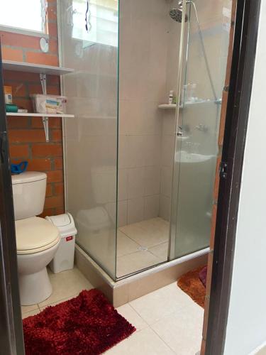 y baño con ducha de cristal y aseo. en Casa en Villa Verde Pereira, en Pereira