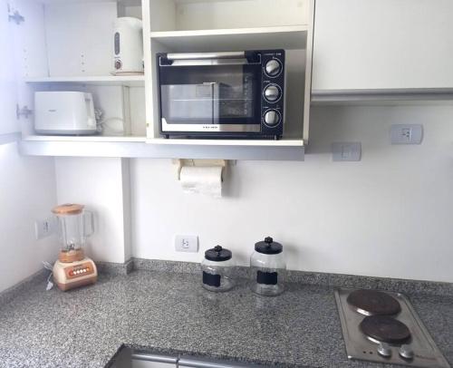 a kitchen counter with a microwave in a kitchen at Dos ambientes con cochera La Boca/ San Telmo in Buenos Aires