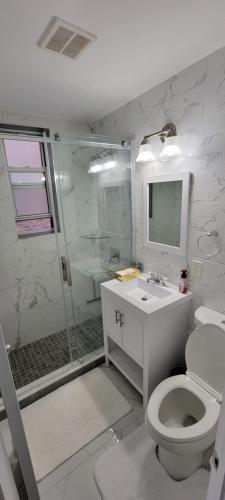 布魯克林的住宿－A Dazzling Destination，带淋浴、卫生间和盥洗盆的浴室