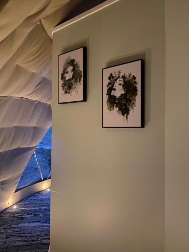 two framed pictures on a wall with a window at Ross Beach TOP10 Holiday Park in Ross