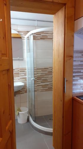 y baño con ducha de cristal y lavabo. en Apartmán U Pekařů en Pec pod Sněžkou