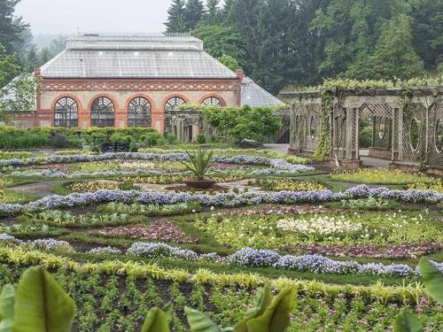 a garden with flowers and a building in the background at Bluebirds Nest 10 Min to AVL Biltmore hot tub cont bkfst sparkling water in Asheville