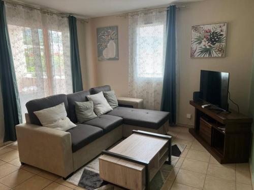 a living room with a couch and a tv at Lil'appart in Saint-Denis