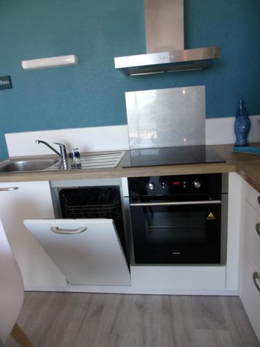 La cuisine est équipée d'un four noir et d'un évier. dans l'établissement BLEU MER Superbe appartement - Vue mer- Climatisé, à Canet