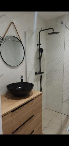 La salle de bains est pourvue d'un lavabo noir et d'une douche. dans l'établissement Maison Bord de mer refaite à neuf, à Canet