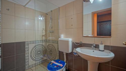 a bathroom with a sink and a toilet and a shower at Pension Bavaria in Braşov
