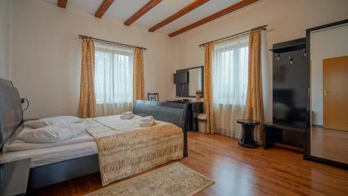 a bedroom with a bed and a tv in a room at Pension Bavaria in Braşov