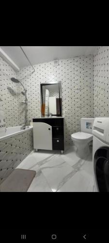 La salle de bains est pourvue de toilettes, d'un lavabo et d'un miroir. dans l'établissement Dendrarium Apart, à Chişinău