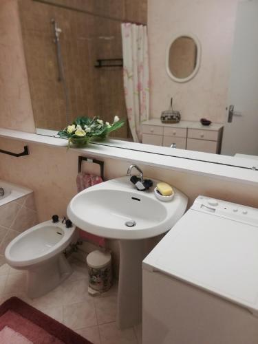 une salle de bain avec un lavabo, des toilettes et un miroir dans l'établissement Residence adret, à Auron