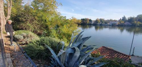 a man standing next to a river with a view at Les berges du Seudo in Labastide-de-Lévis