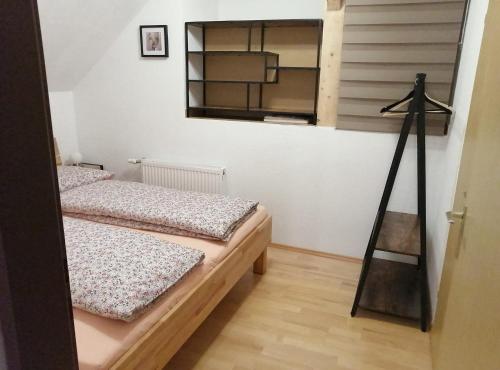 Lutzmannsdorf的住宿－Apartment Moser，配有镜子的客房内的两张床