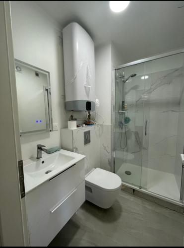 une salle de bain avec toilettes, lavabo et douche dans l'établissement La loupette, à Fraize