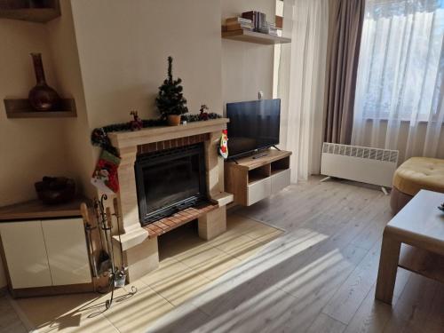 a living room with a fireplace and a television at Апартамент Лейк Вю, вила Флора, комплекс Маунтин лейк in Smolyan