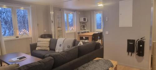 a living room with a couch and a table at Micke o Ritas stuga in Björkliden