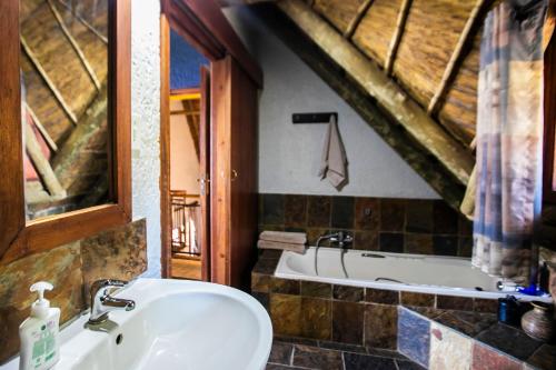 uma casa de banho com um lavatório e uma banheira em Koraalboom at Benlize em Hartbeespoort