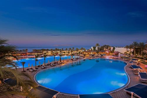 une grande piscine avec des chaises et des palmiers dans l'établissement Sultan Gardens Resort, à Charm el-Cheikh