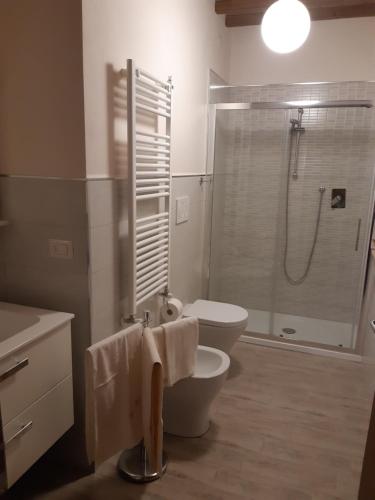een badkamer met een douche, een toilet en een wastafel bij Il casale del Trebbio in Pila