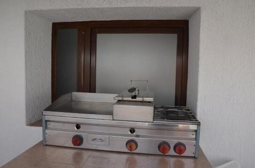 Il comprend une cuisine équipée d'une cuisinière et d'un comptoir. dans l'établissement Apartments Ivanis, à Vrsar