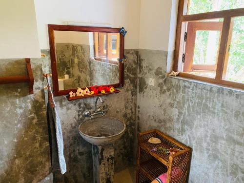 a bathroom with a sink and a mirror at River Shadow Villa in Bentota