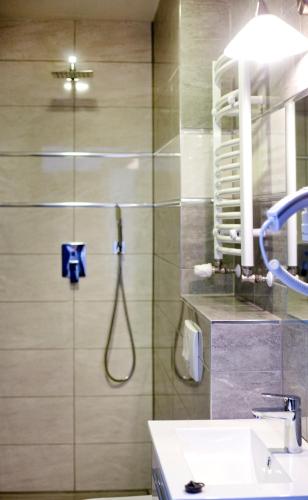 a bathroom with a shower and a sink at Villa Karpacz, do centrum 900 m, dostępna dieta bezglutenowa z certyfikatem, celiakia in Karpacz