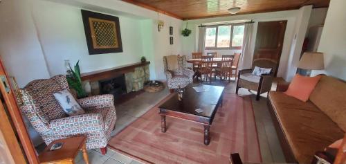 a living room with a couch and a fireplace at Walkers Peak Cottage in Underberg