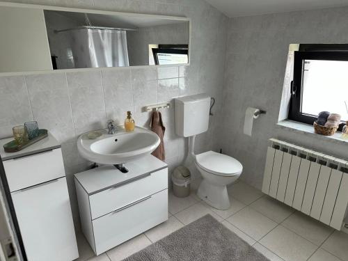 a bathroom with a sink and a toilet and a window at Ferienhaus Marija mit Pool in Vilanija