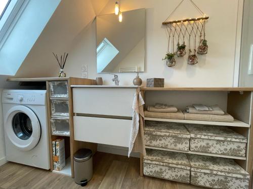 a laundry room with a sink and a washing machine at Appartement en centre ville de Gourin in Gourin