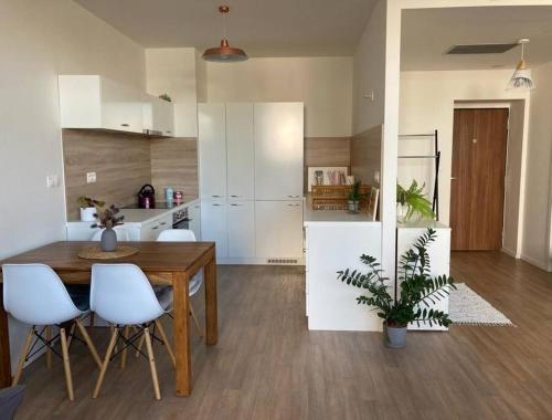 a kitchen and dining room with a table and chairs at Útulný a moderný ateliér s terasou in Nivy