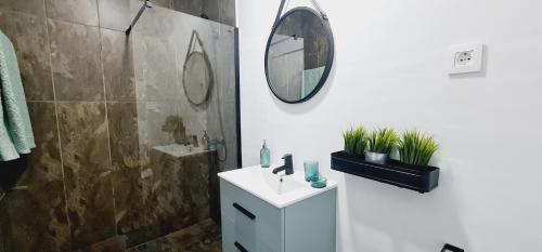 La salle de bains est pourvue d'un lavabo et d'un miroir. dans l'établissement Apartamento Playitas Salema, à Las Playitas