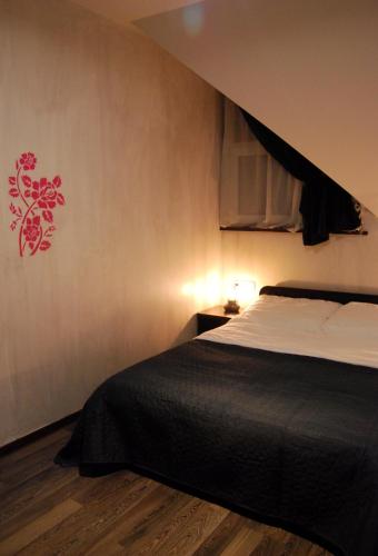 a bedroom with a black bed and a red painting on the wall at Apartaments Gory in Niedzica Zamek