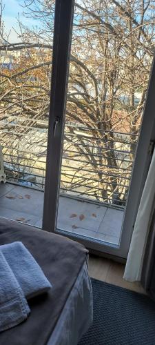 1 dormitorio con vistas a un árbol por la ventana en KONAK BELLA 3, en Estambul