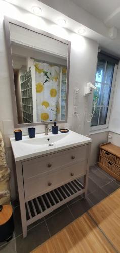 une salle de bain avec un lavabo et un miroir dans l'établissement La Marguerite, à Brossac