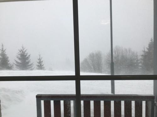 widok na pokryte śniegiem pole przez okno w obiekcie Apartmán 15 Mísečky w mieście Horni Misecky